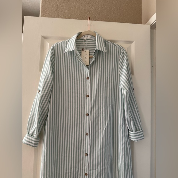 BNWT Big Hit Fashion Woven Stripe Print Button-Down Maxi Dress Green - Picture 1 of 8